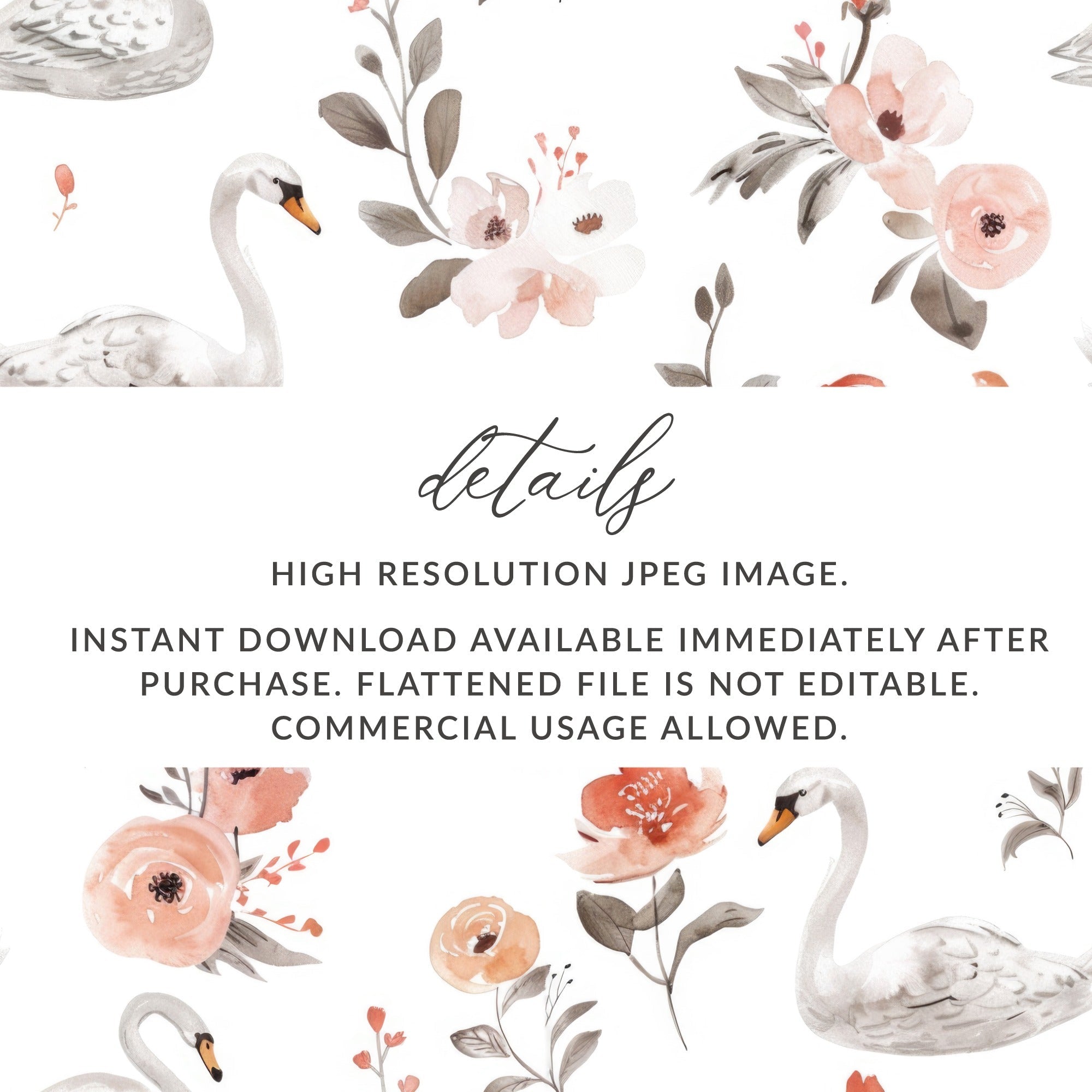 Swan Floral Seamless Pattern Digital Paper, Watercolor Swan Flower Pattern, Swan Digital Backgrounds, Pastel Floral, Digital - Moore and Mountain