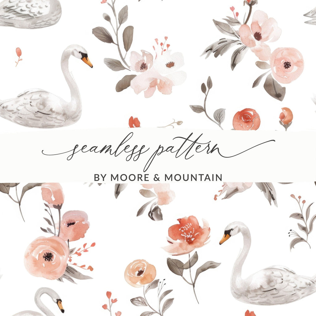 Swan Floral Seamless Pattern Digital Paper, Watercolor Swan Flower Pattern, Swan Digital Backgrounds, Pastel Floral, Digital - Moore and Mountain