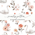 Swan Floral Seamless Pattern Digital Paper, Watercolor Swan Flower Pattern, Swan Digital Backgrounds, Pastel Floral, Digital - Moore and Mountain