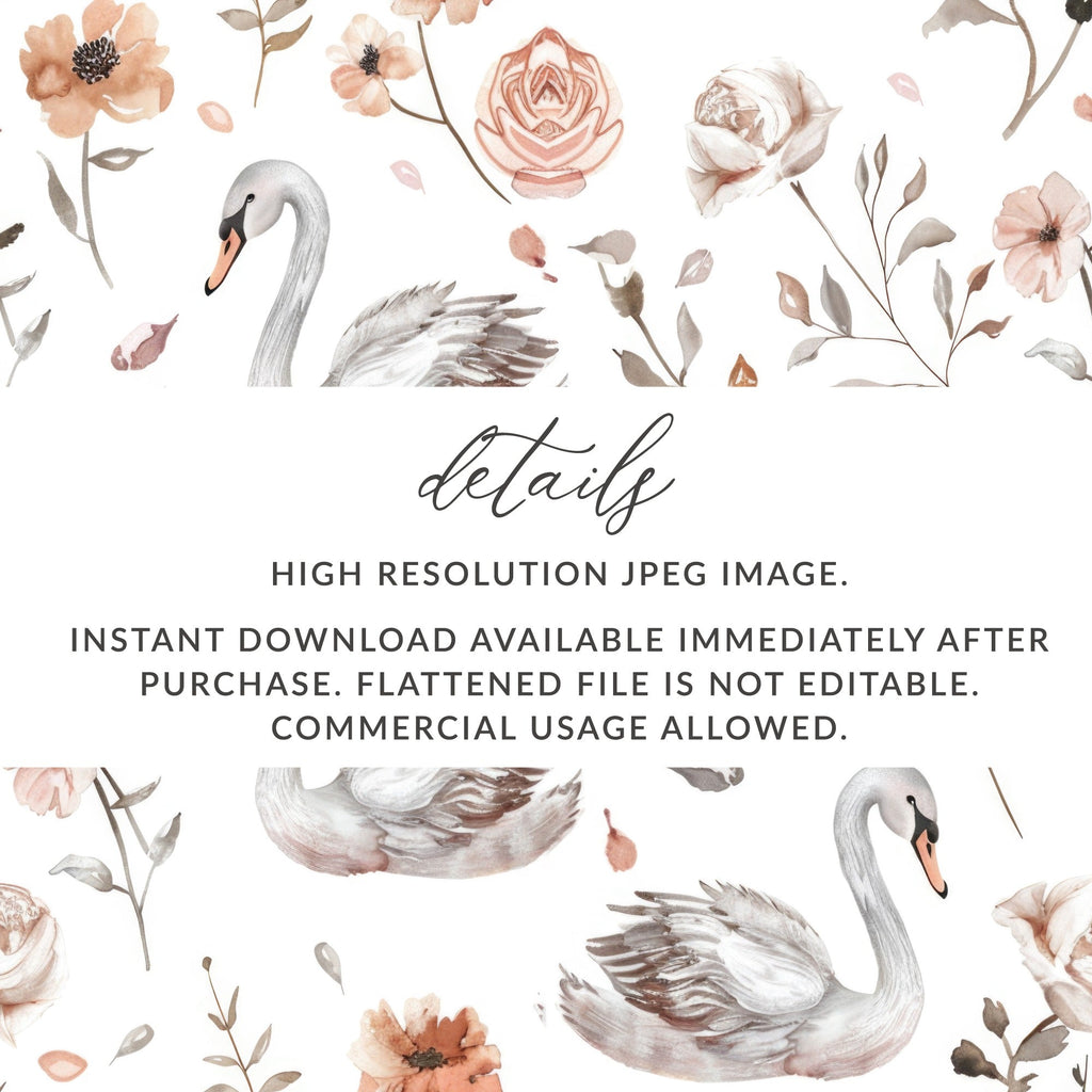 Swan Floral Seamless Pattern Digital, Watercolor Swan Art, Neutral Flower Pattern, Swan Printable Paper, Seamless Tileable Paper - Moore and Mountain