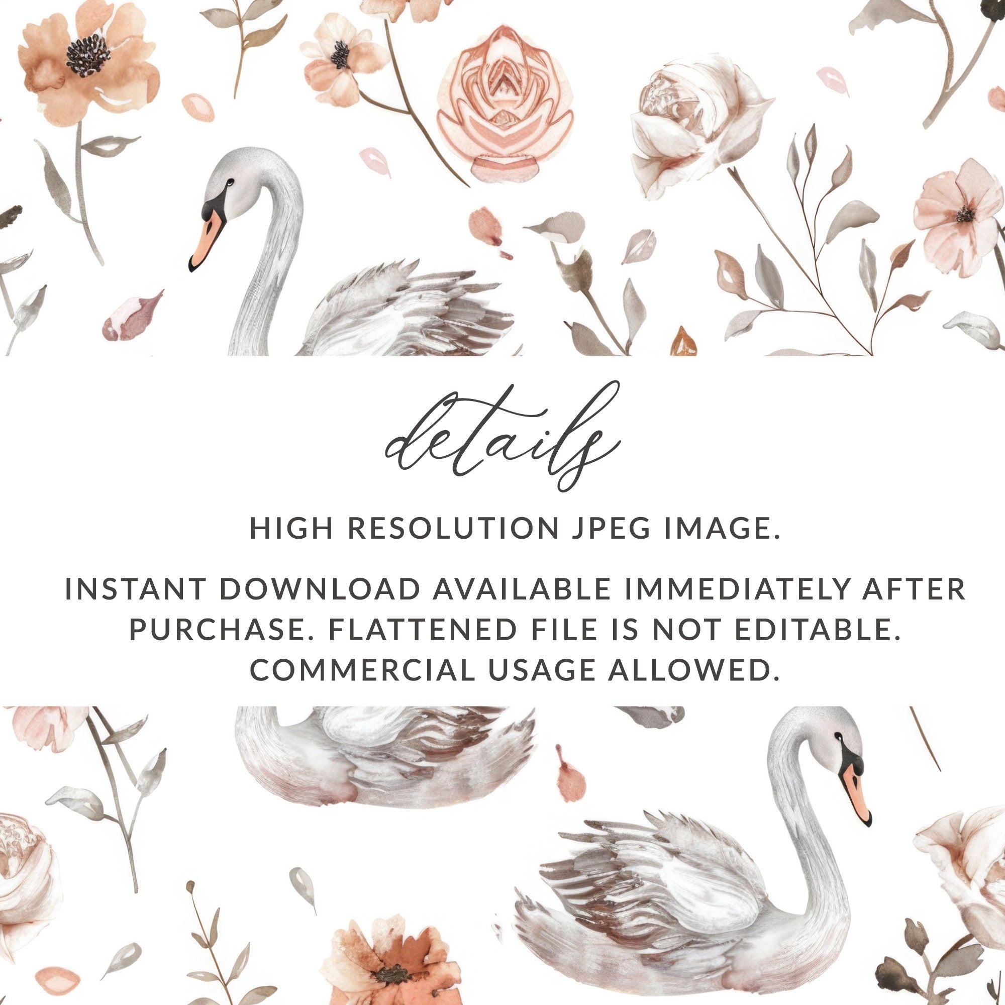 Swan Floral Seamless Pattern Digital, Watercolor Swan Art, Neutral Flower Pattern, Swan Printable Paper, Seamless Tileable Paper - Moore and Mountain