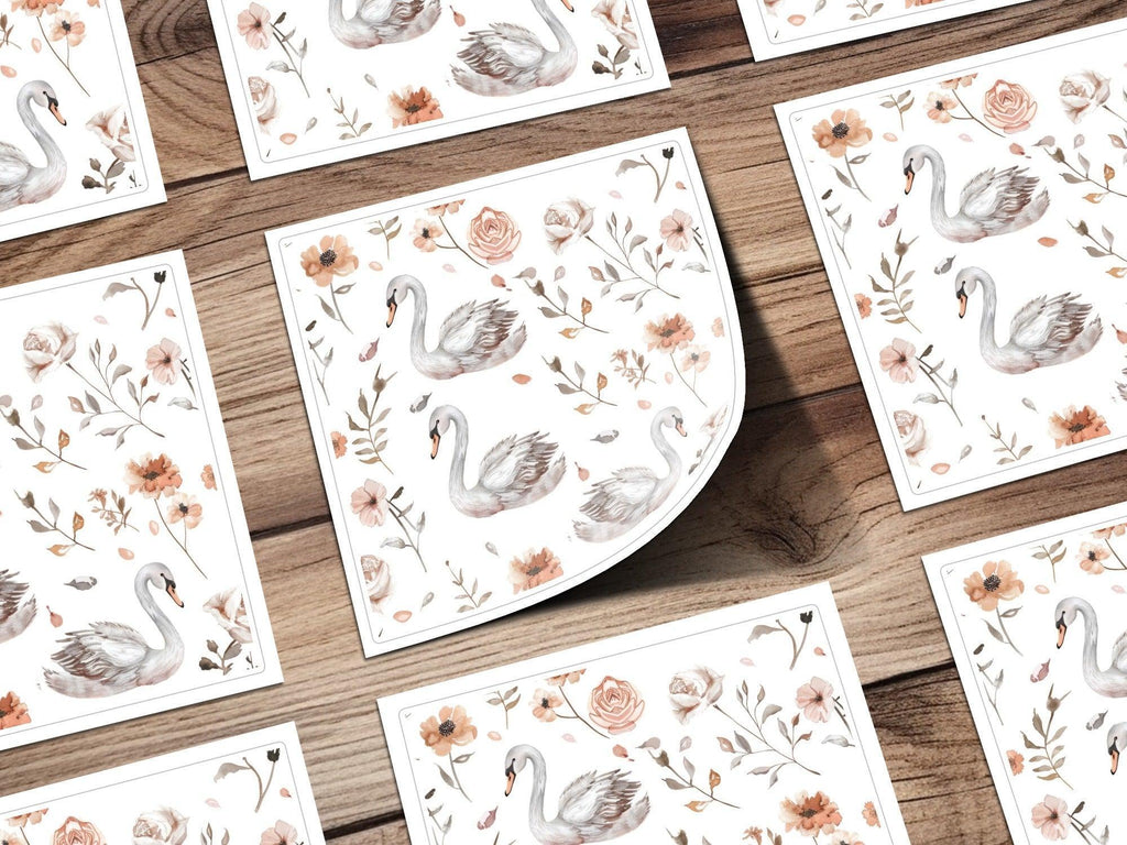 Swan Floral Seamless Pattern Digital, Watercolor Swan Art, Neutral Flower Pattern, Swan Printable Paper, Seamless Tileable Paper - Moore and Mountain