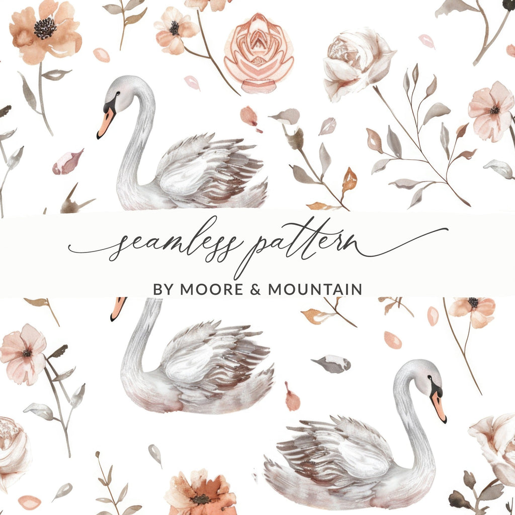 Swan Floral Seamless Pattern Digital, Watercolor Swan Art, Neutral Flower Pattern, Swan Printable Paper, Seamless Tileable Paper - Moore and Mountain