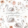 Swan Floral Seamless Pattern Digital, Watercolor Swan Art, Neutral Flower Pattern, Swan Printable Paper, Seamless Tileable Paper - Moore and Mountain
