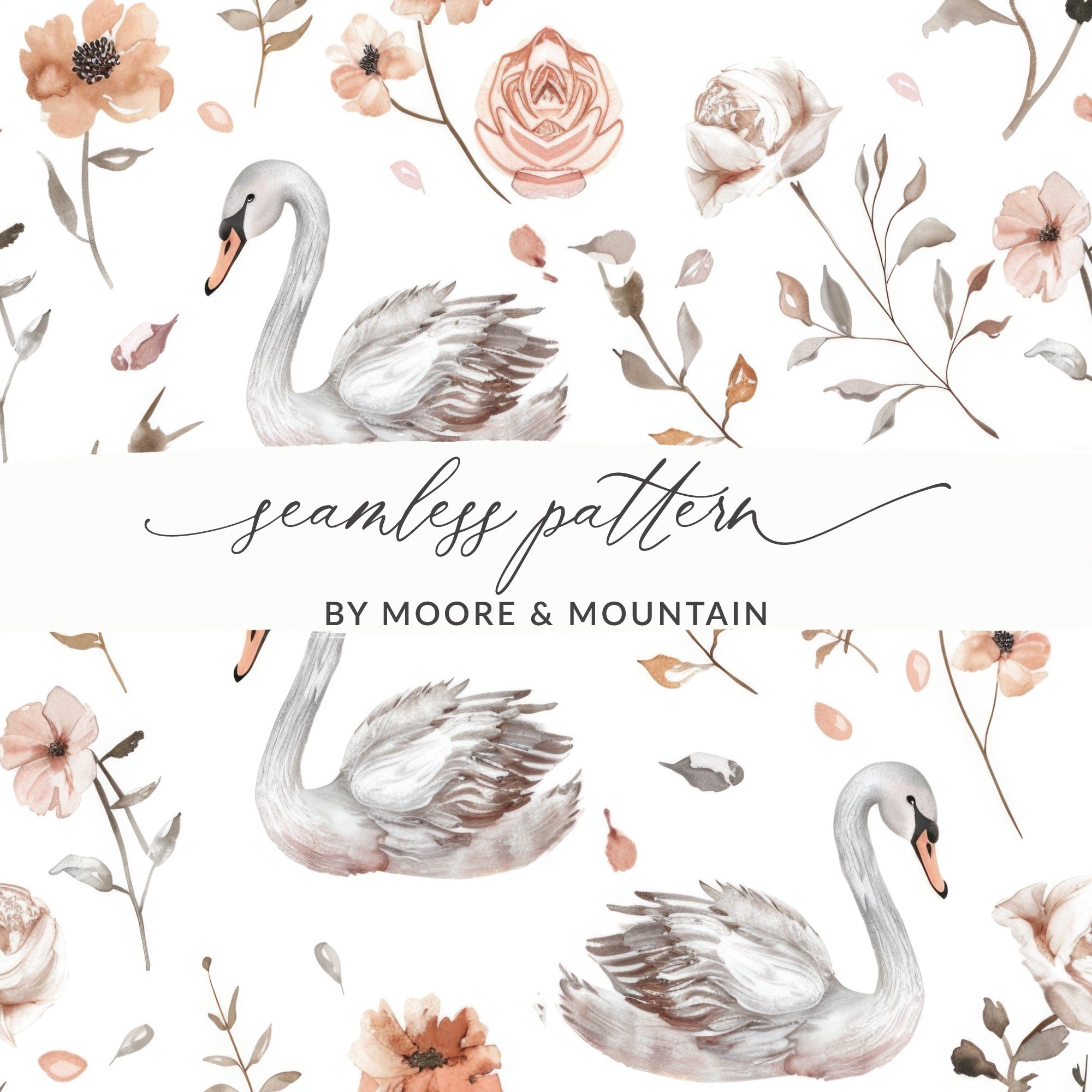 Swan Floral Seamless Pattern Digital, Watercolor Swan Art, Neutral Flower Pattern, Swan Printable Paper, Seamless Tileable Paper - Moore and Mountain