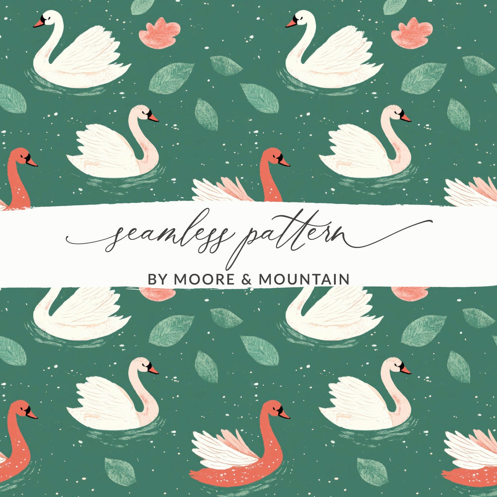 Swan Lake Digital Paper, Seamless Pattern, Teal Background, Floral Design, Swan Print, Digital Download, Scrapbooking, Fabric Design - Moore and Mountain