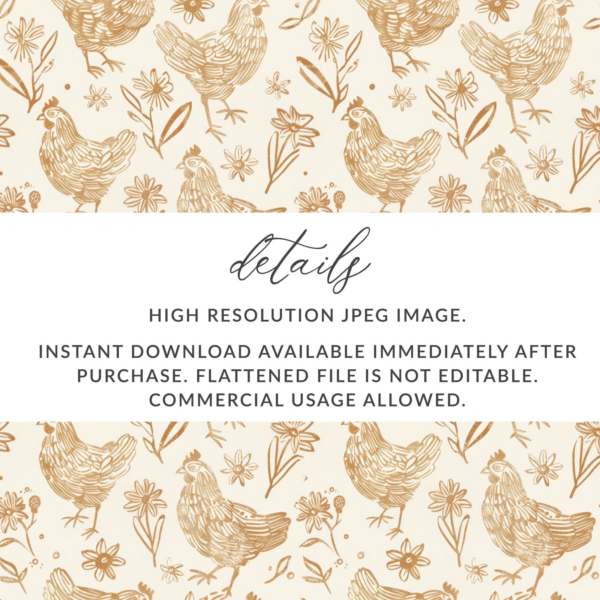 Tan Chicken Digital Paper, Beige Floral Pattern, Farmhouse Printable, Neutral Spring Background, Hen Seamless File, Easter Scrapbook - Moore and Mountain