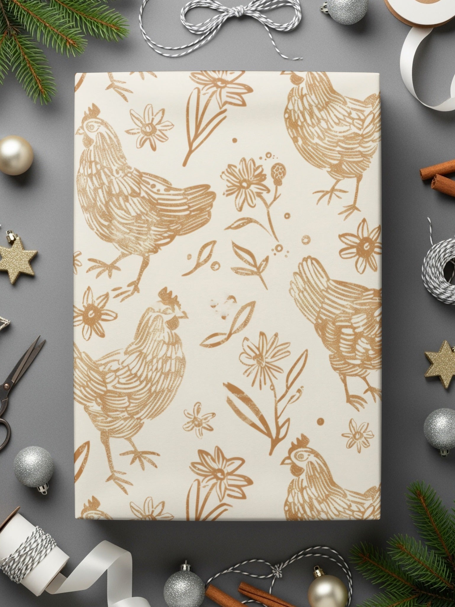 Tan Chicken Digital Paper, Beige Floral Pattern, Farmhouse Printable, Neutral Spring Background, Hen Seamless File, Easter Scrapbook - Moore and Mountain