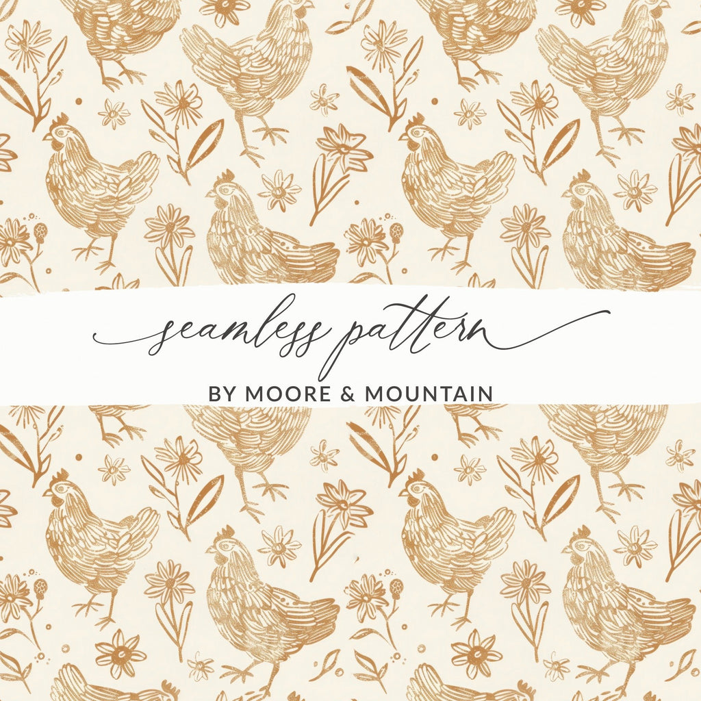 Tan Chicken Digital Paper, Beige Floral Pattern, Farmhouse Printable, Neutral Spring Background, Hen Seamless File, Easter Scrapbook - Moore and Mountain