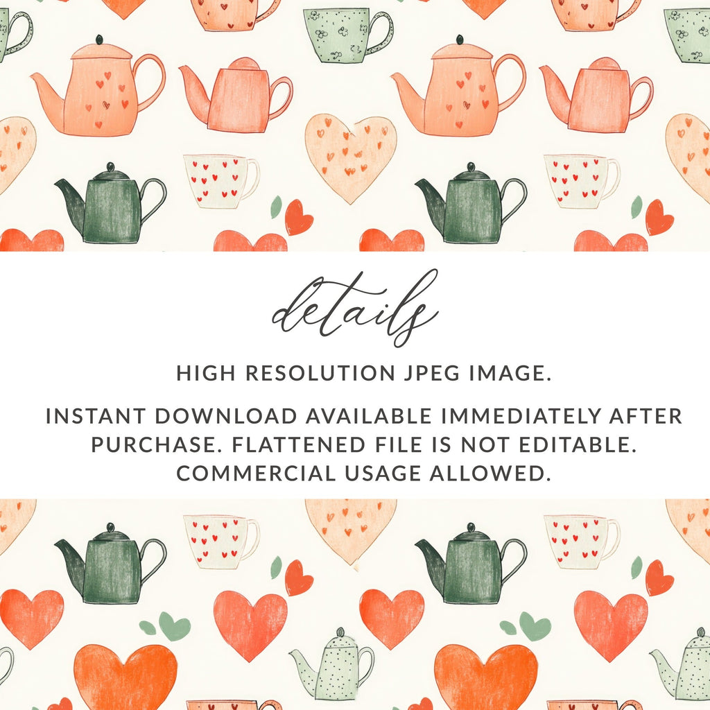 Tea Party Digital Paper, Seamless Teapot Pattern, Heart and Tea Cup Design, Kitchen Decor Digital Download, Scrapbooking Supplies - Moore and Mountain