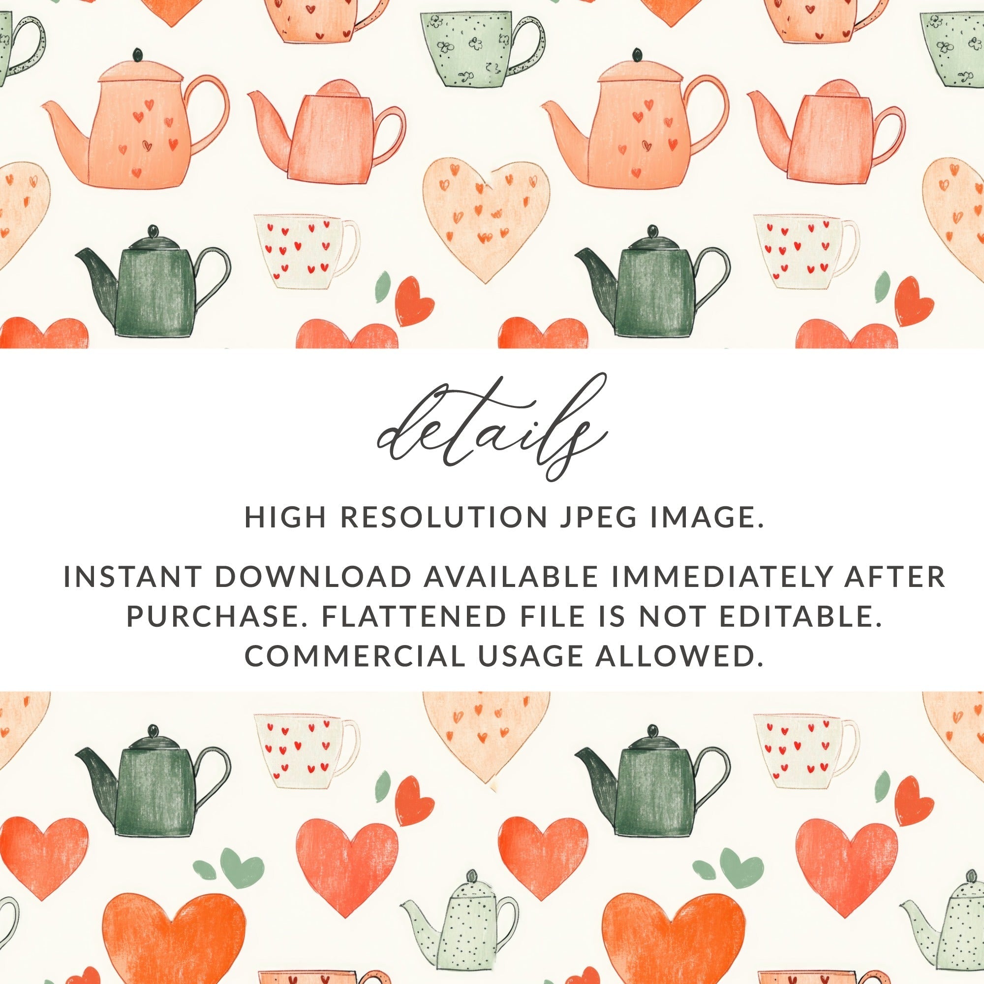 Tea Party Digital Paper, Seamless Teapot Pattern, Heart and Tea Cup Design, Kitchen Decor Digital Download, Scrapbooking Supplies - Moore and Mountain
