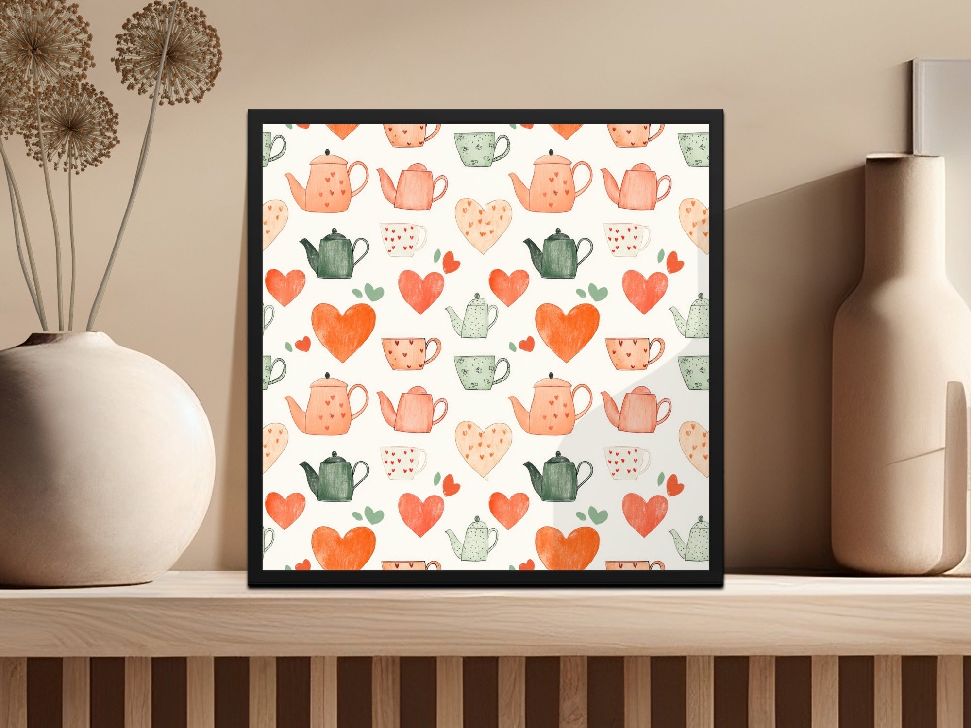 Tea Party Digital Paper, Seamless Teapot Pattern, Heart and Tea Cup Design, Kitchen Decor Digital Download, Scrapbooking Supplies - Moore and Mountain