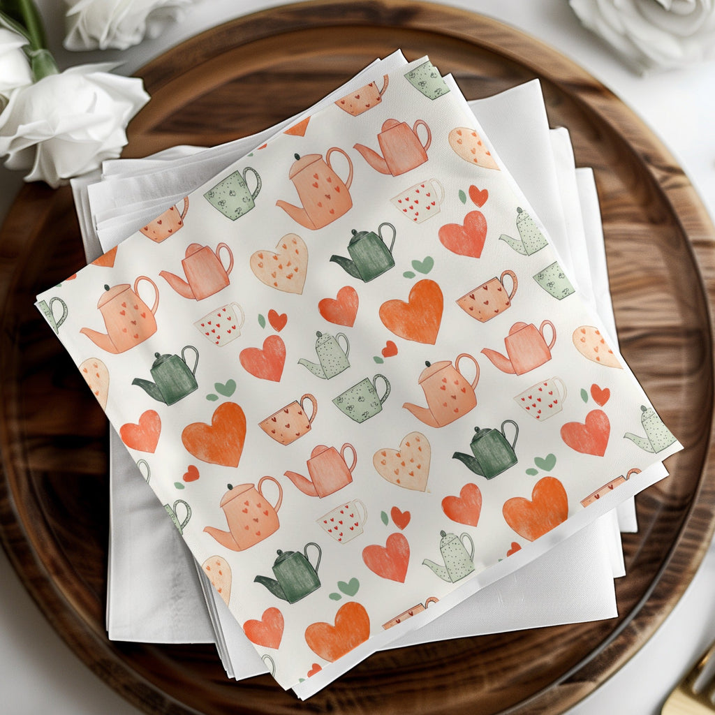 Tea Party Digital Paper, Seamless Teapot Pattern, Heart and Tea Cup Design, Kitchen Decor Digital Download, Scrapbooking Supplies - Moore and Mountain