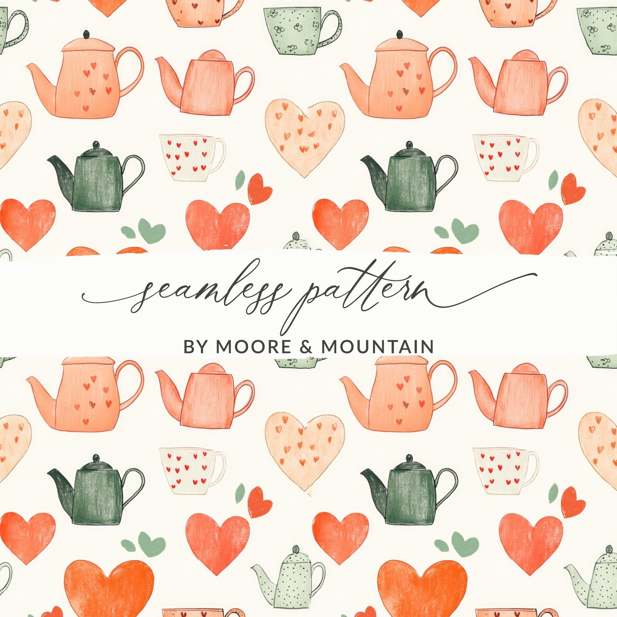 Tea Party Digital Paper, Seamless Teapot Pattern, Heart and Tea Cup Design, Kitchen Decor Digital Download, Scrapbooking Supplies - Moore and Mountain