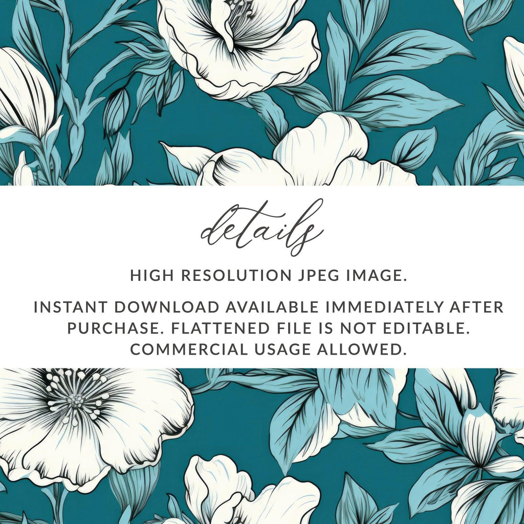 Teal Floral Seamless Pattern, White Flower Digital Paper, Fabric Design Download, Two Scales Included, Commercial Use - Moore and Mountain