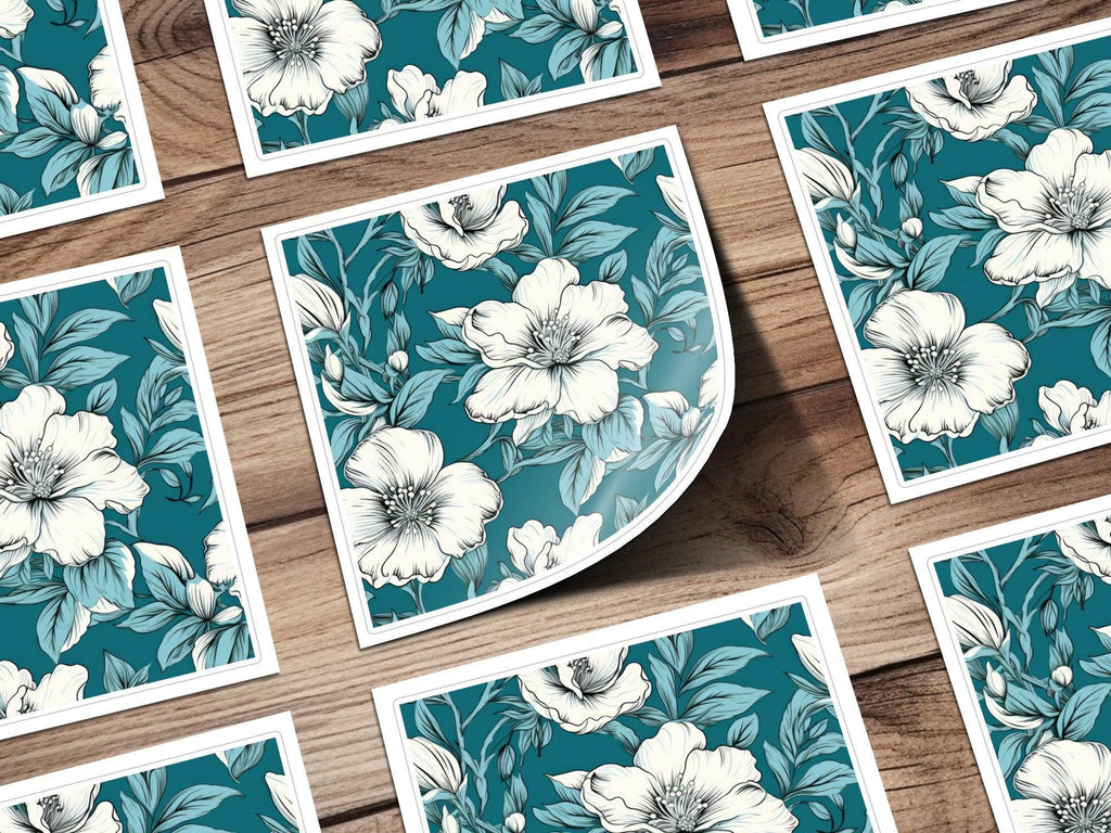 Teal Floral Seamless Pattern, White Flower Digital Paper, Fabric Design Download, Two Scales Included, Commercial Use - Moore and Mountain