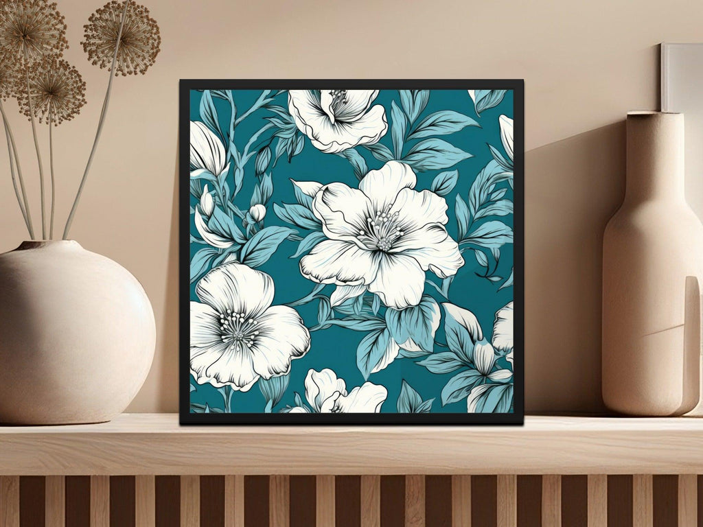 Teal Floral Seamless Pattern, White Flower Digital Paper, Fabric Design Download, Two Scales Included, Commercial Use - Moore and Mountain