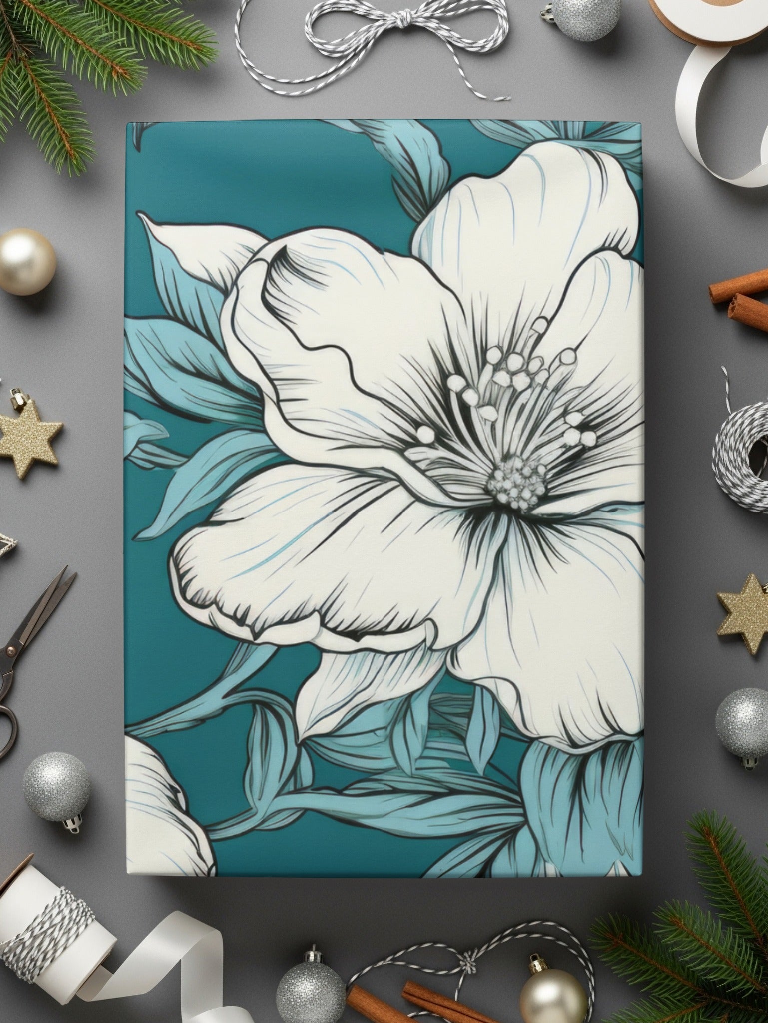 Teal Floral Seamless Pattern, White Flower Digital Paper, Fabric Design Download, Two Scales Included, Commercial Use - Moore and Mountain