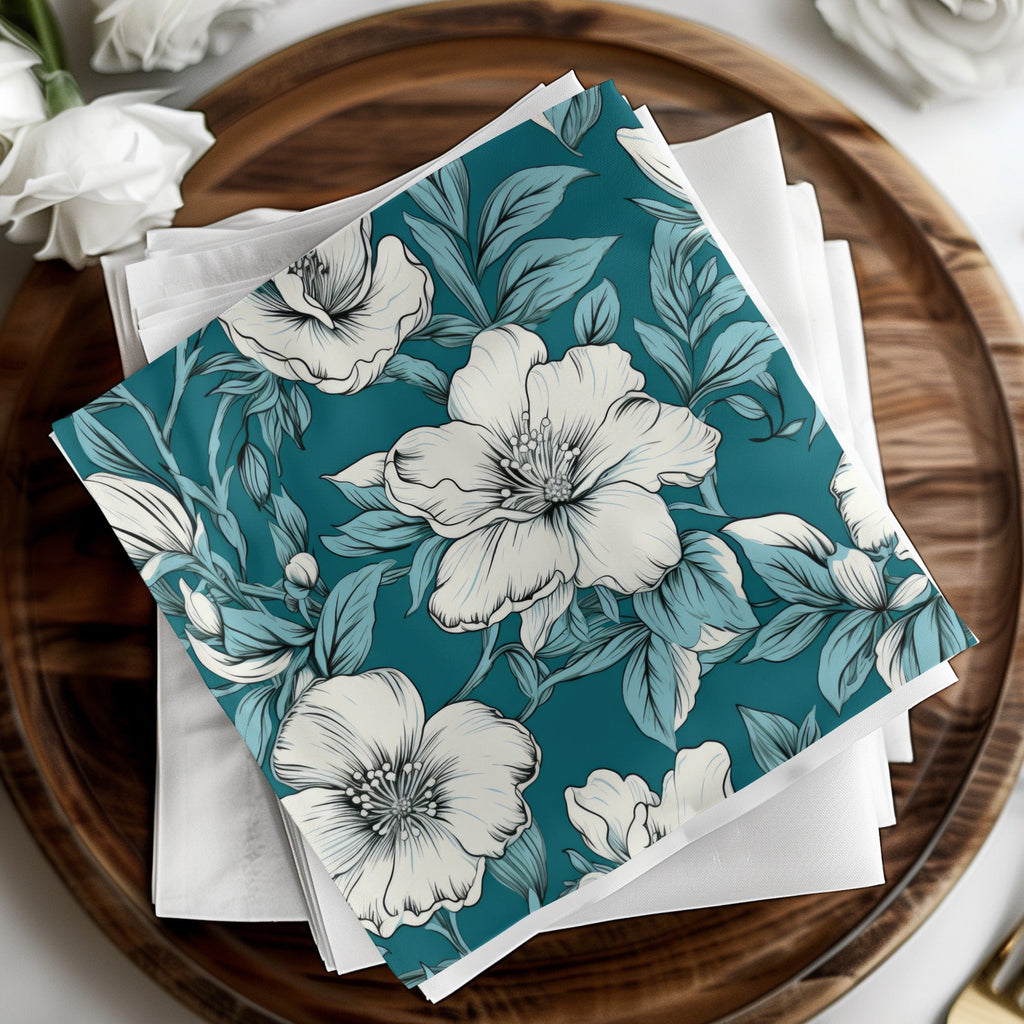 Teal Floral Seamless Pattern, White Flower Digital Paper, Fabric Design Download, Two Scales Included, Commercial Use - Moore and Mountain