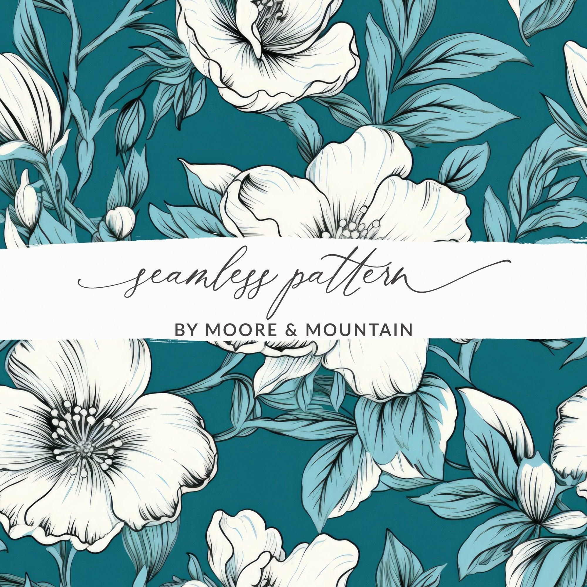 Teal Floral Seamless Pattern, White Flower Digital Paper, Fabric Design Download, Two Scales Included, Commercial Use - Moore and Mountain