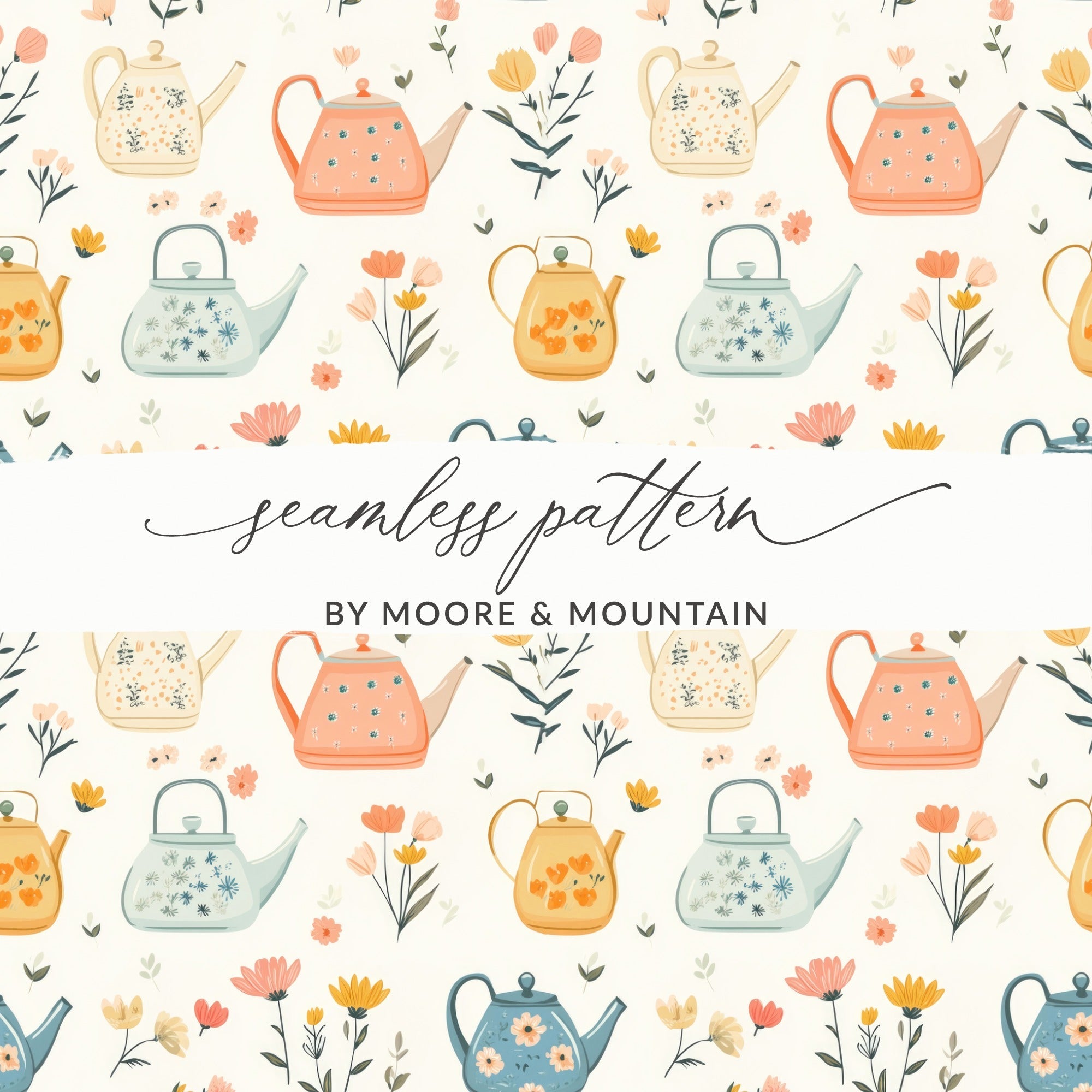 Teapot Flower Seamless Pattern Digital Paper, Floral Teapot Clipart, Cottagecore Print, Kitchen Design, Vintage Tea Party Art - Moore and Mountain
