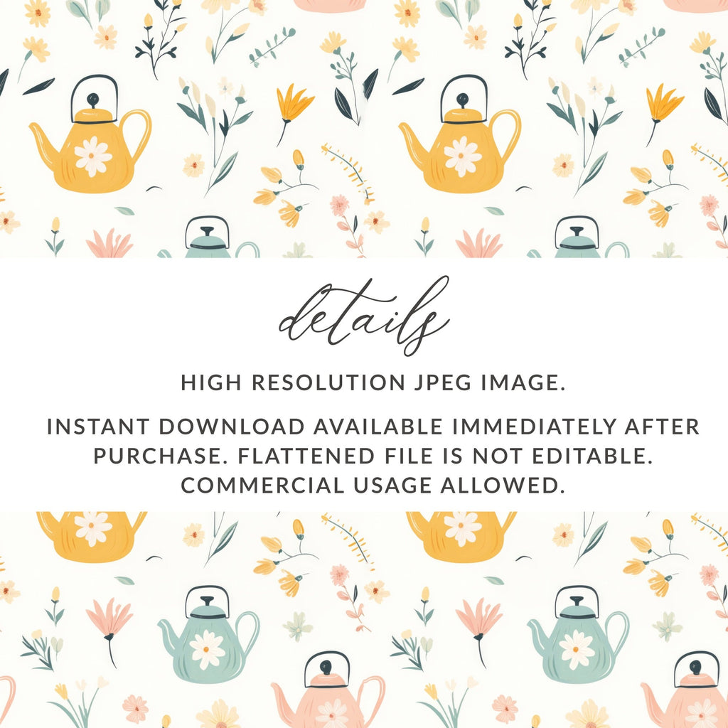 Teapot and Flowers Digital Paper, Seamless Pattern, Pastel Colors, Scrapbook Paper, Fabric Design, Digital Background, Digital Download - Moore and Mountain
