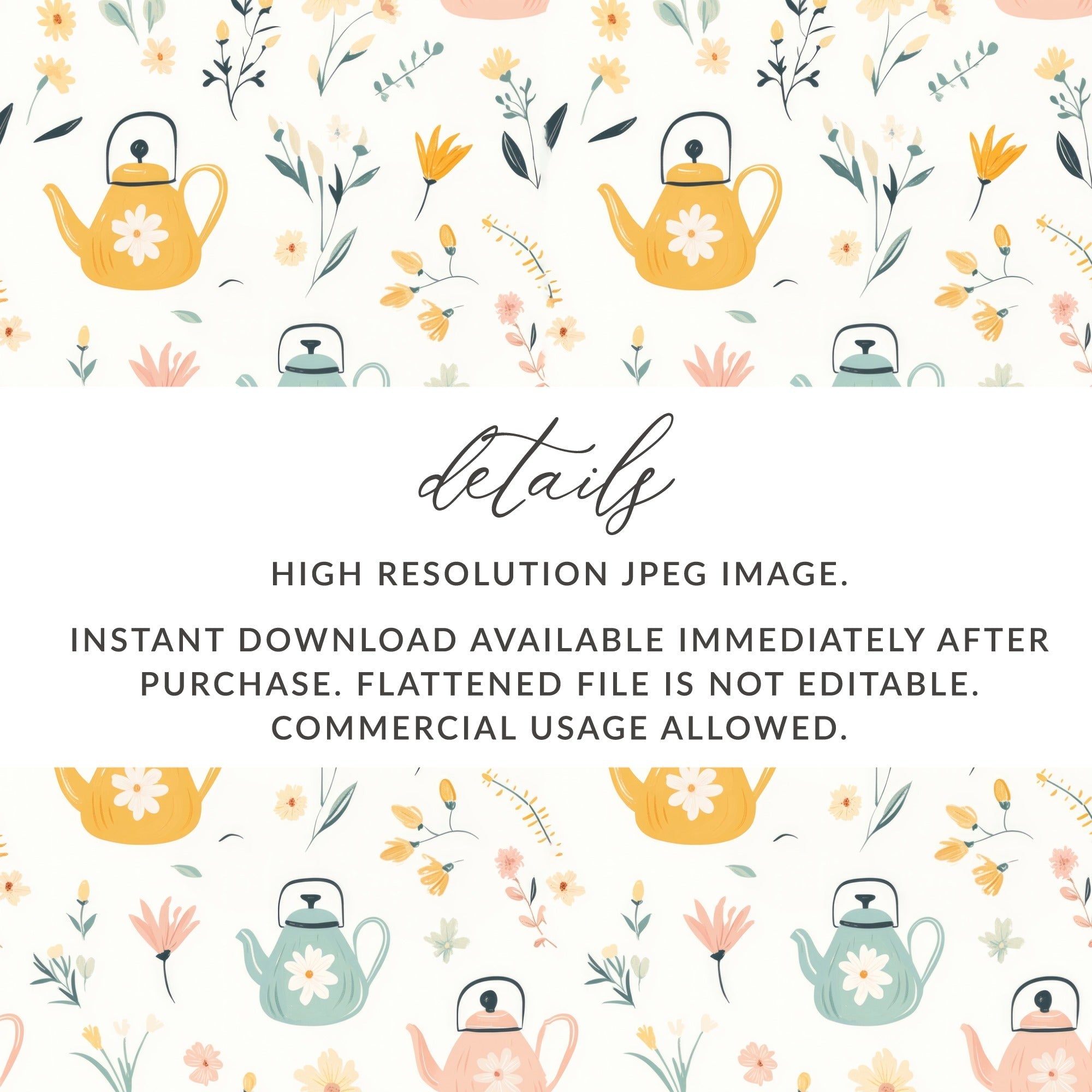 Teapot and Flowers Digital Paper, Seamless Pattern, Pastel Colors, Scrapbook Paper, Fabric Design, Digital Background, Digital Download - Moore and Mountain