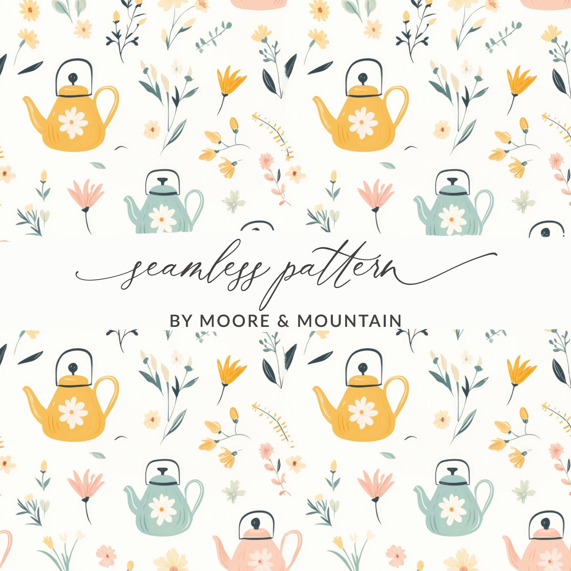 Teapot and Flowers Digital Paper, Seamless Pattern, Pastel Colors, Scrapbook Paper, Fabric Design, Digital Background, Digital Download - Moore and Mountain
