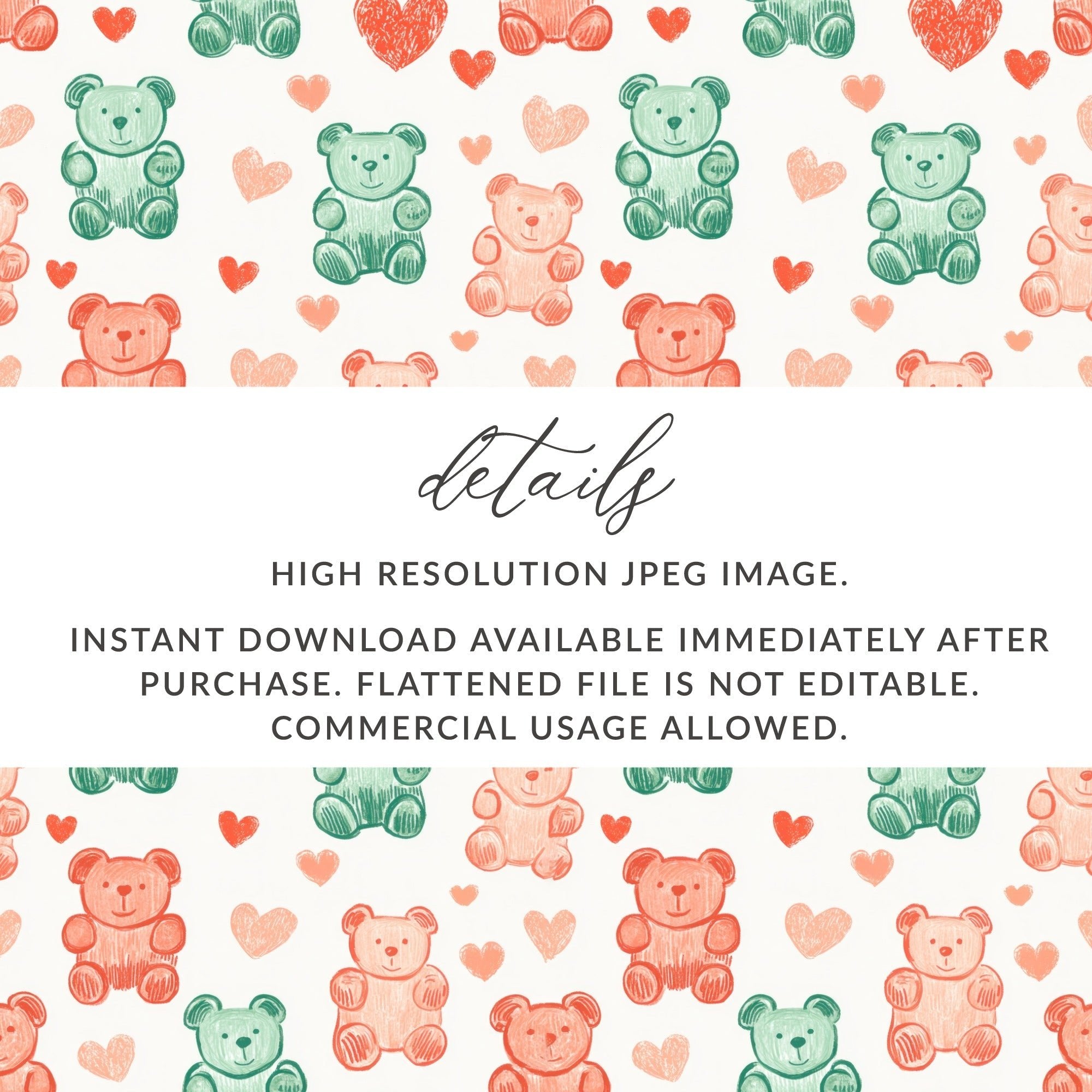 Teddy Bear Heart Digital Pattern, Seamless Kids Design, Nursery Art, Pastel Colors, Scrapbooking Paper, Fabric Print, Digital Download - Moore and Mountain