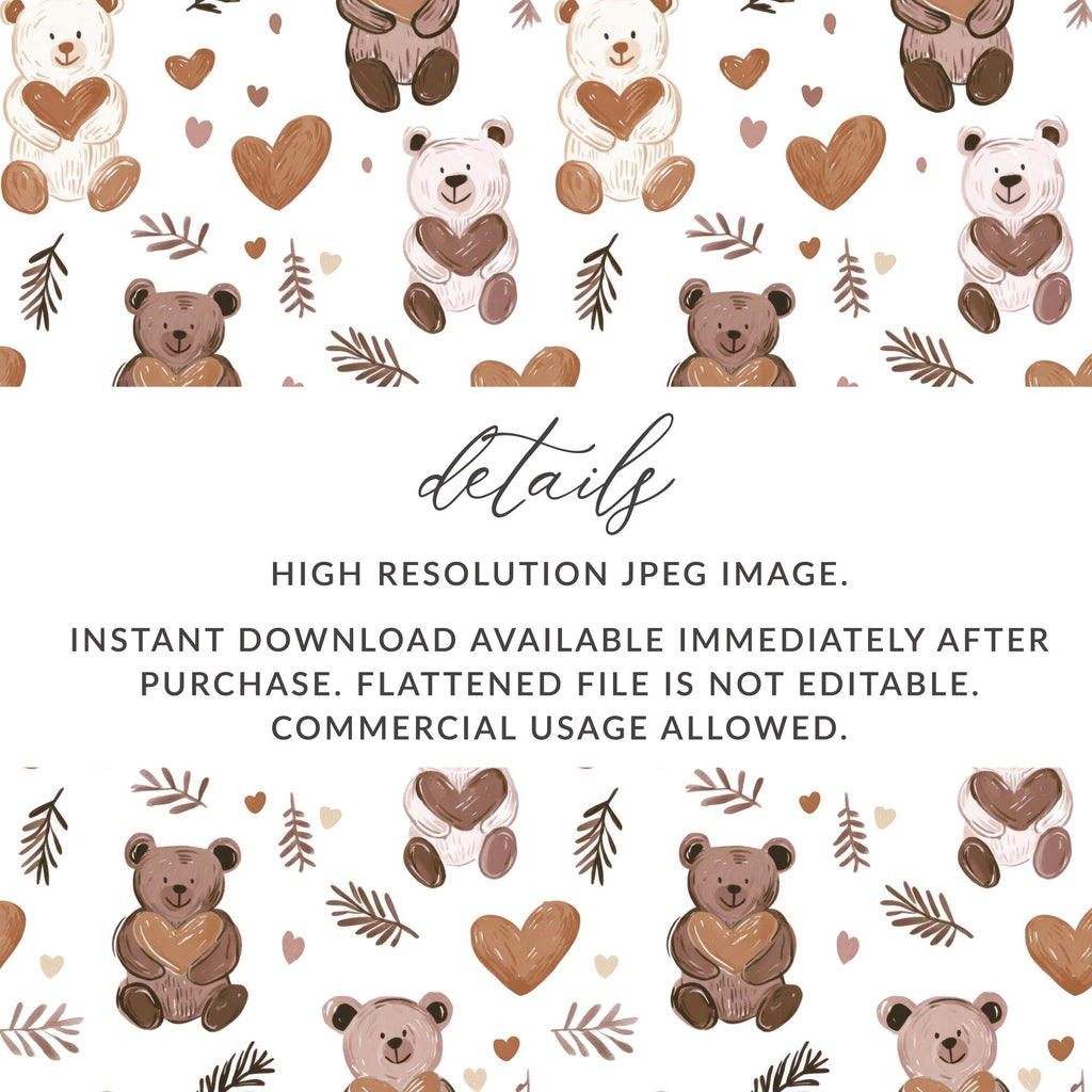 Teddy Bear Heart Seamless Pattern Digital, Nursery Decor, Cute Bear Pattern, Kid Fabric Design, Cartoon Animals, Commercial Use - Moore and Mountain