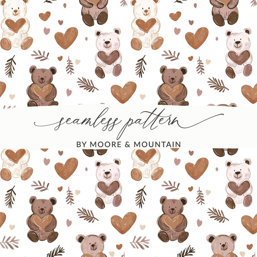 Teddy Bear Heart Seamless Pattern Digital, Nursery Decor, Cute Bear Pattern, Kid Fabric Design, Cartoon Animals, Commercial Use - Moore and Mountain