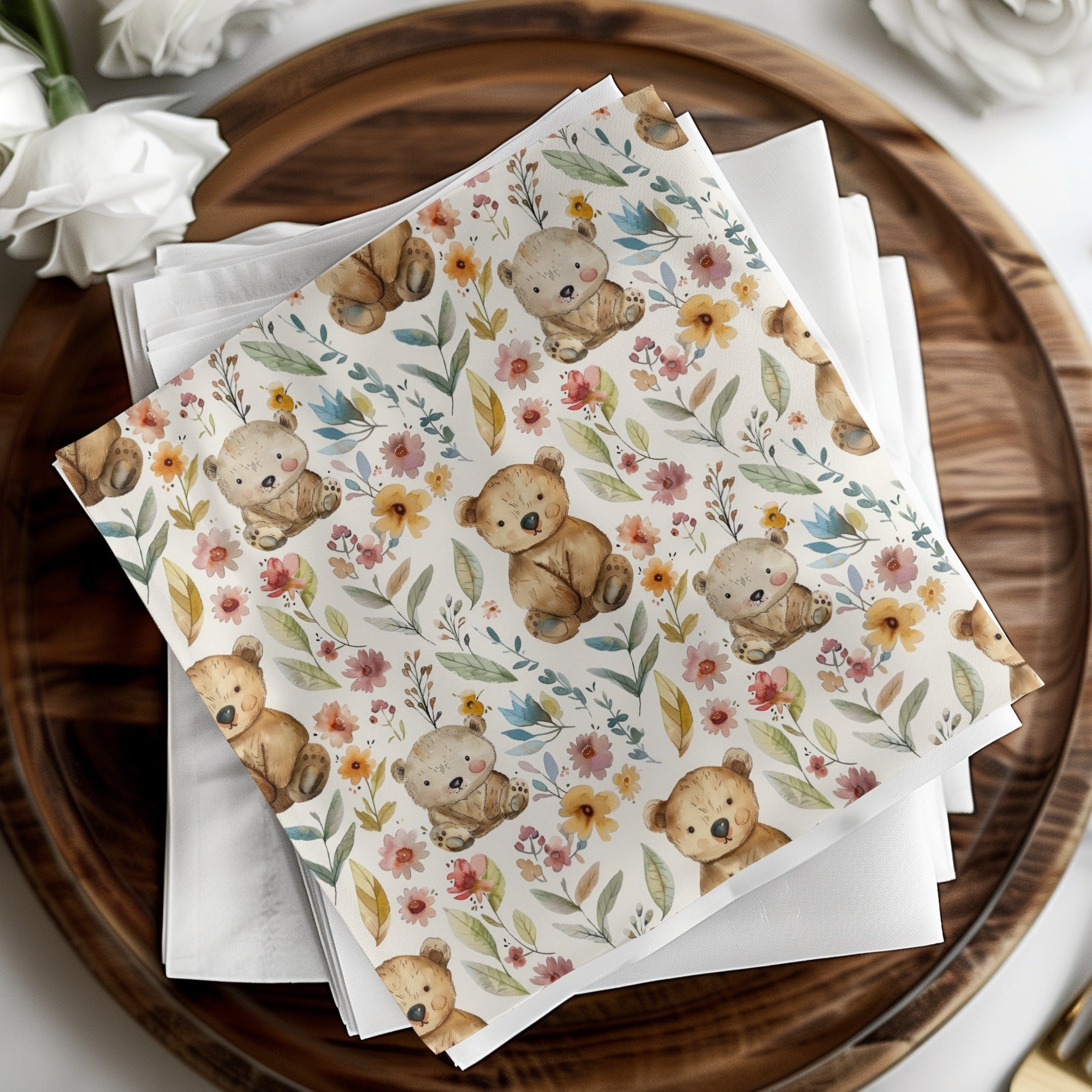 Teddy Bear Seamless Pattern, Floral Background, Digital Paper, Nursery Decor, Repeat Pattern, Cute Bear, Digital Download - Moore and Mountain