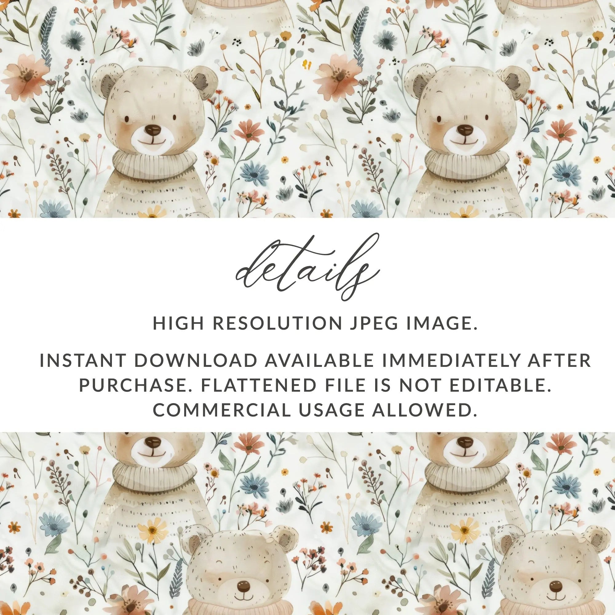 Teddy Bear Seamless Pattern, Floral Digital Paper, Watercolor Bear, Digital Fabric Design, Commercial Use, Digital Download - Moore and Mountain