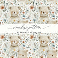 Teddy Bear Seamless Pattern, Floral Digital Paper, Watercolor Bear, Digital Fabric Design, Commercial Use, Digital Download - Moore and Mountain