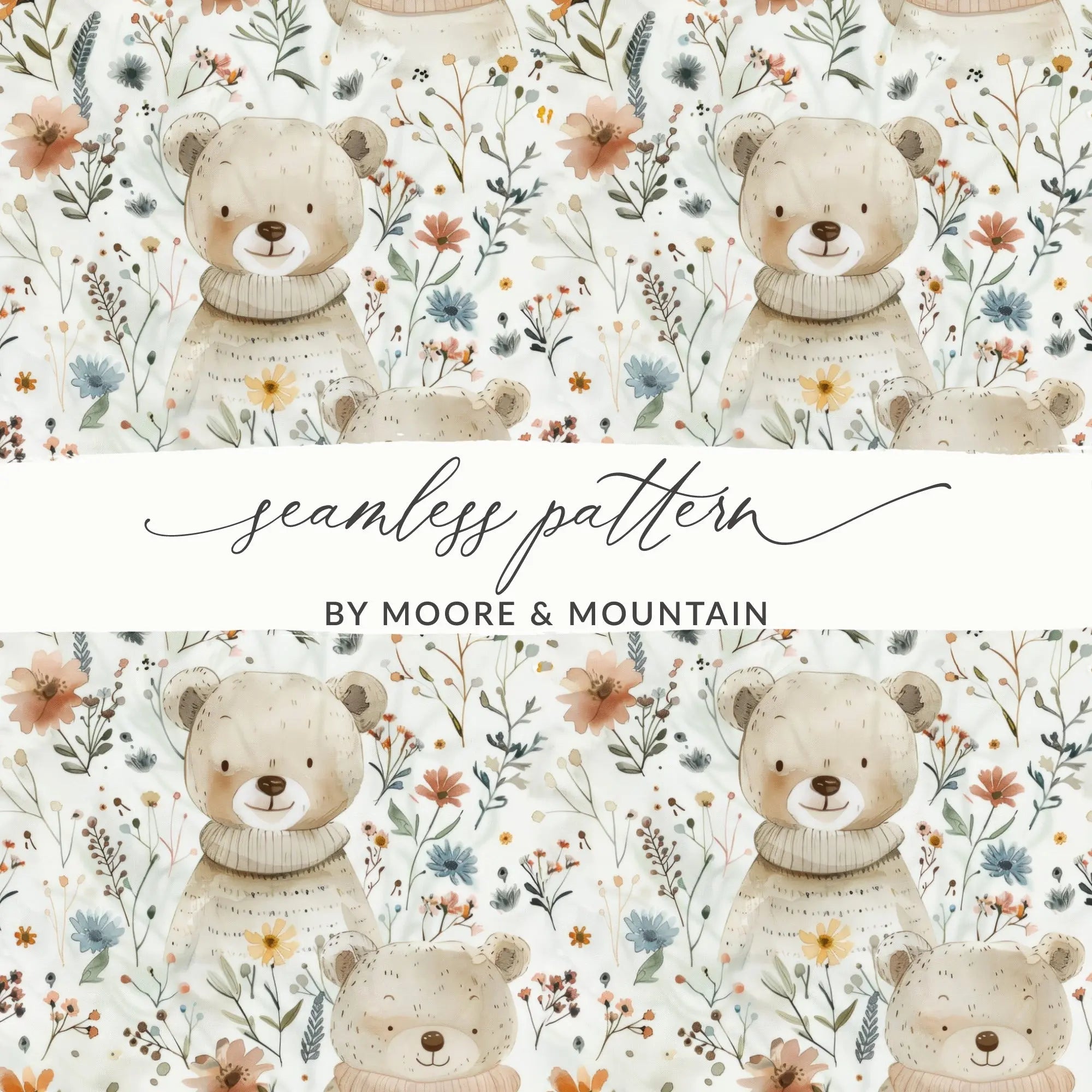 Teddy Bear Seamless Pattern, Floral Digital Paper, Watercolor Bear, Digital Fabric Design, Commercial Use, Digital Download - Moore and Mountain