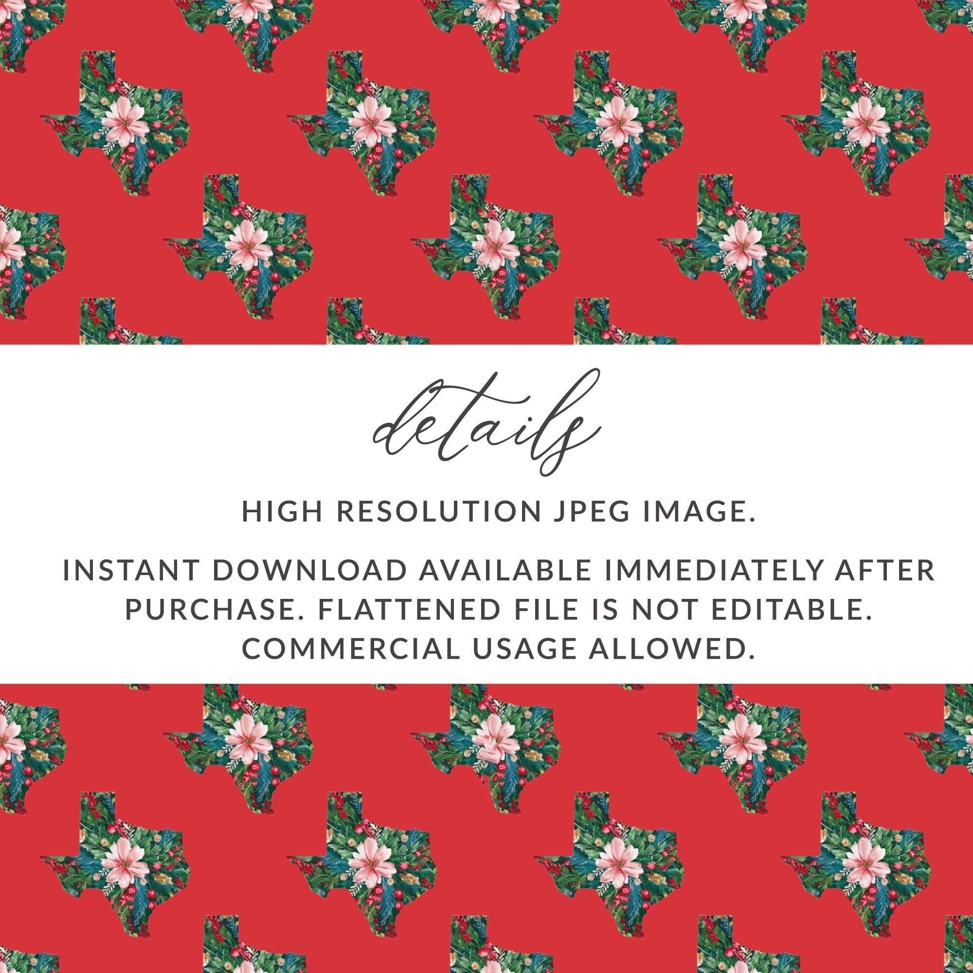Texas Christmas Digital Paper, Seamless Pattern, Floral Texas, Holiday Pattern, 12x12 JPEG, Printable Fabric, Scrapbooking - Moore and Mountain