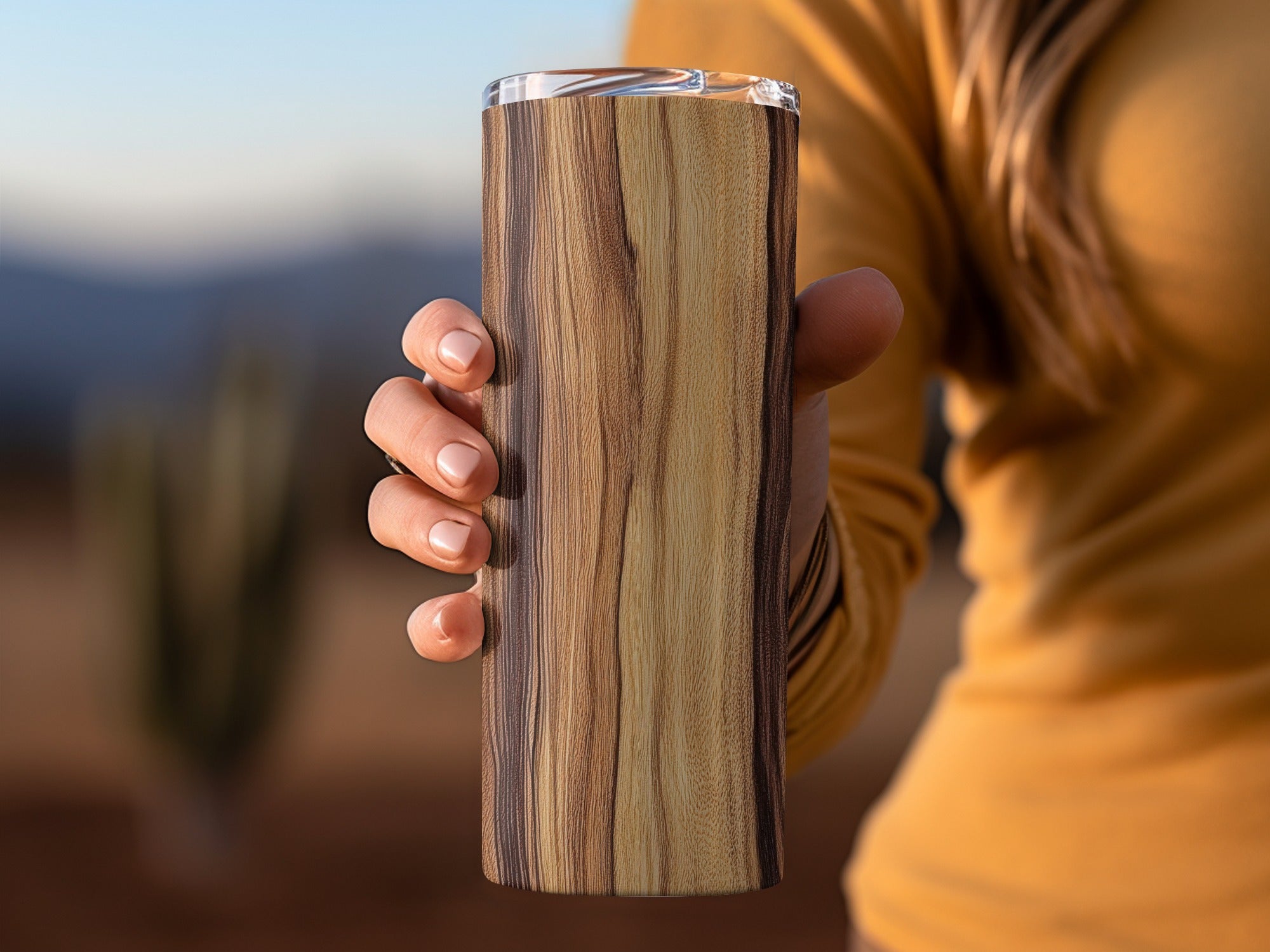 Elegant Wooden Travel Mug with Clear Lid Tumbler Cup