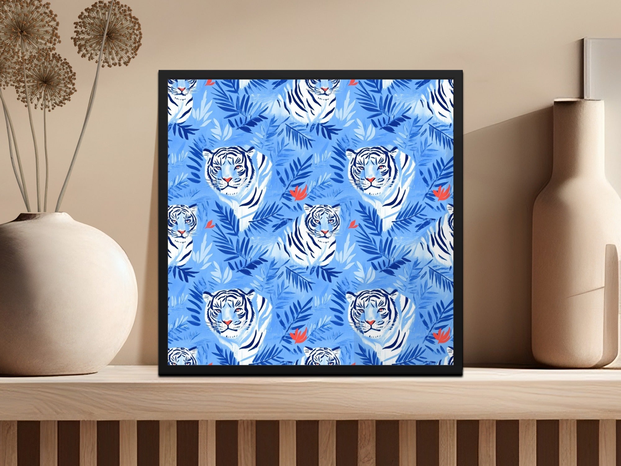 Tiger Among Blue Leaves and Orange Flowers Digital - Moore and Mountain