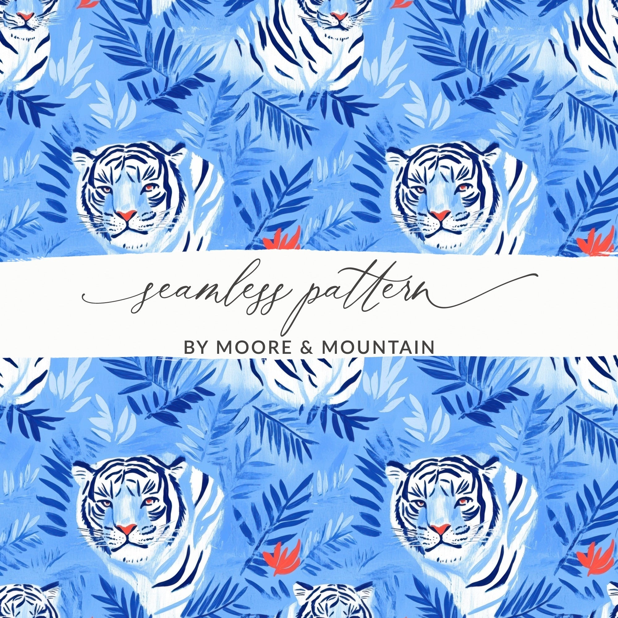 Tiger Among Blue Leaves and Orange Flowers Digital - Moore and Mountain