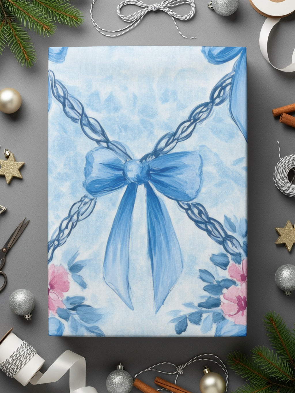 Trellis Bows and Flowers Light Blue Background Digital - Moore and Mountain