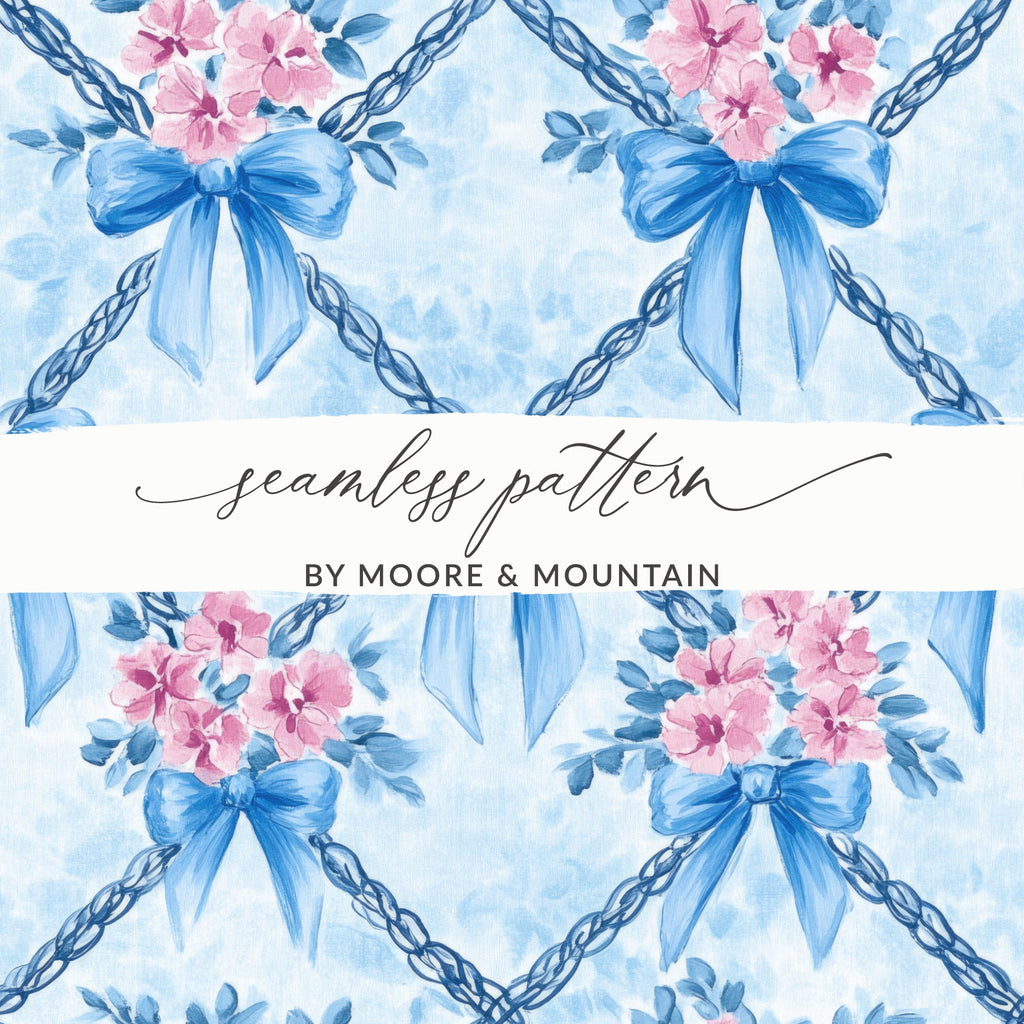 Trellis Bows and Flowers Light Blue Background Digital - Moore and Mountain
