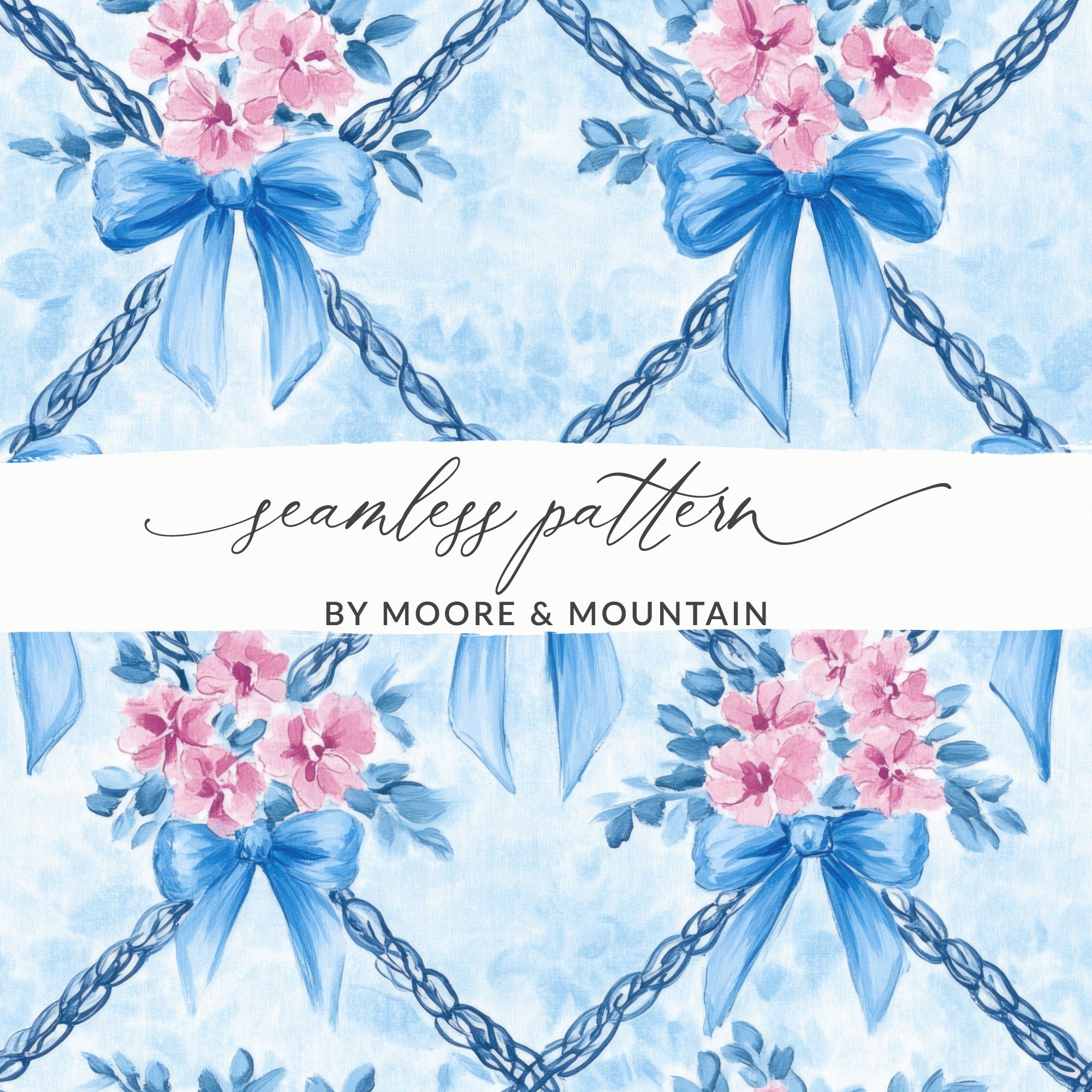 Trellis Bows and Flowers Light Blue Background Digital - Moore and Mountain