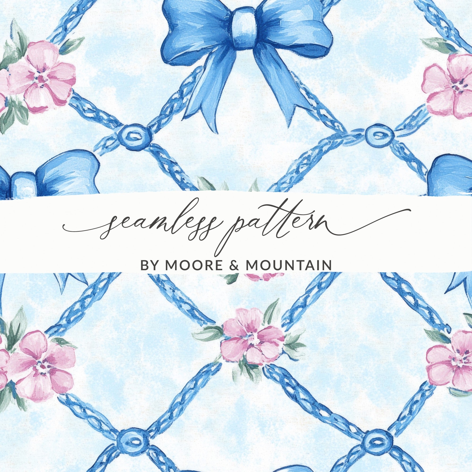 Trellis Floral Bow Watercolor Pattern Seamless Grandmillenial Digital - Moore and Mountain