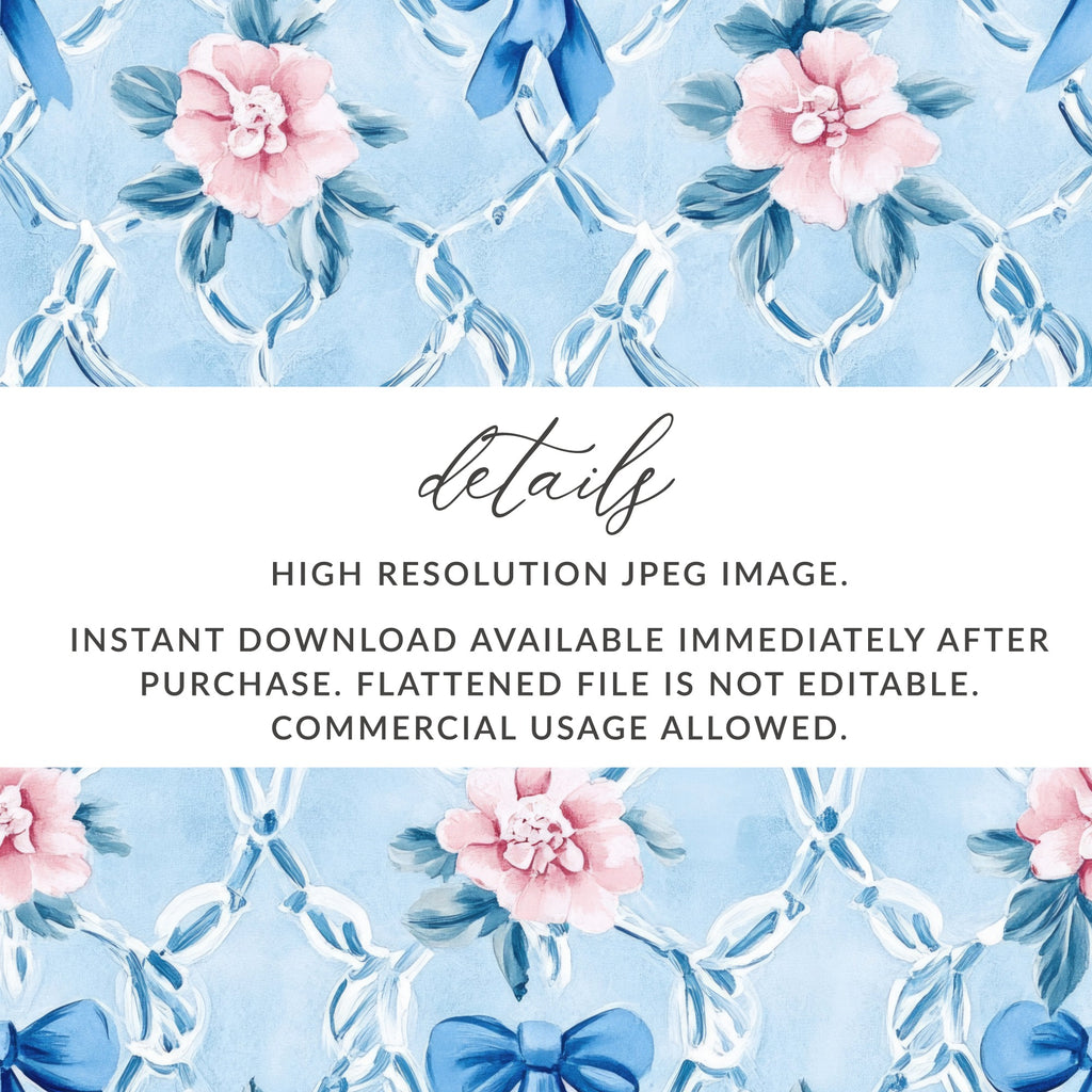 Trellis Floral Watercolor Bows Light Blue Seamless Grandmillennial Digital - Moore and Mountain