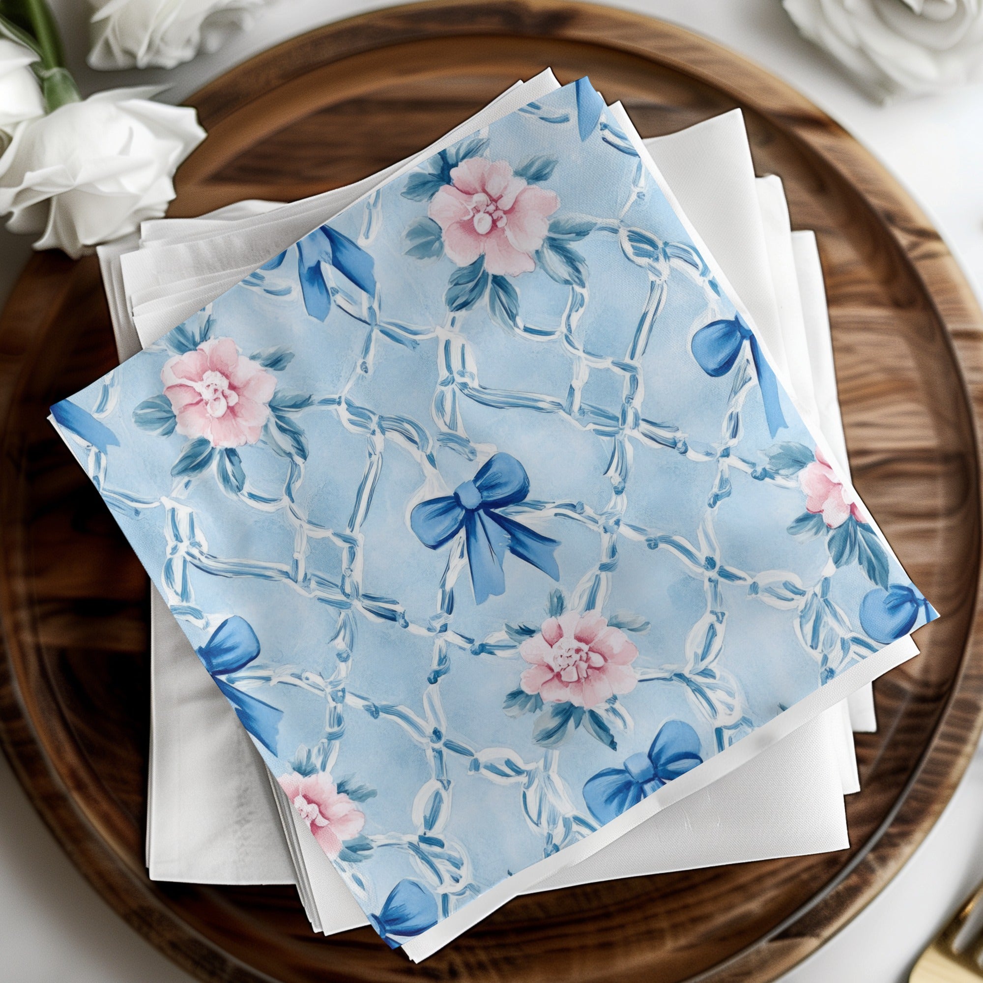 Trellis Floral Watercolor Bows Light Blue Seamless Grandmillennial Digital - Moore and Mountain