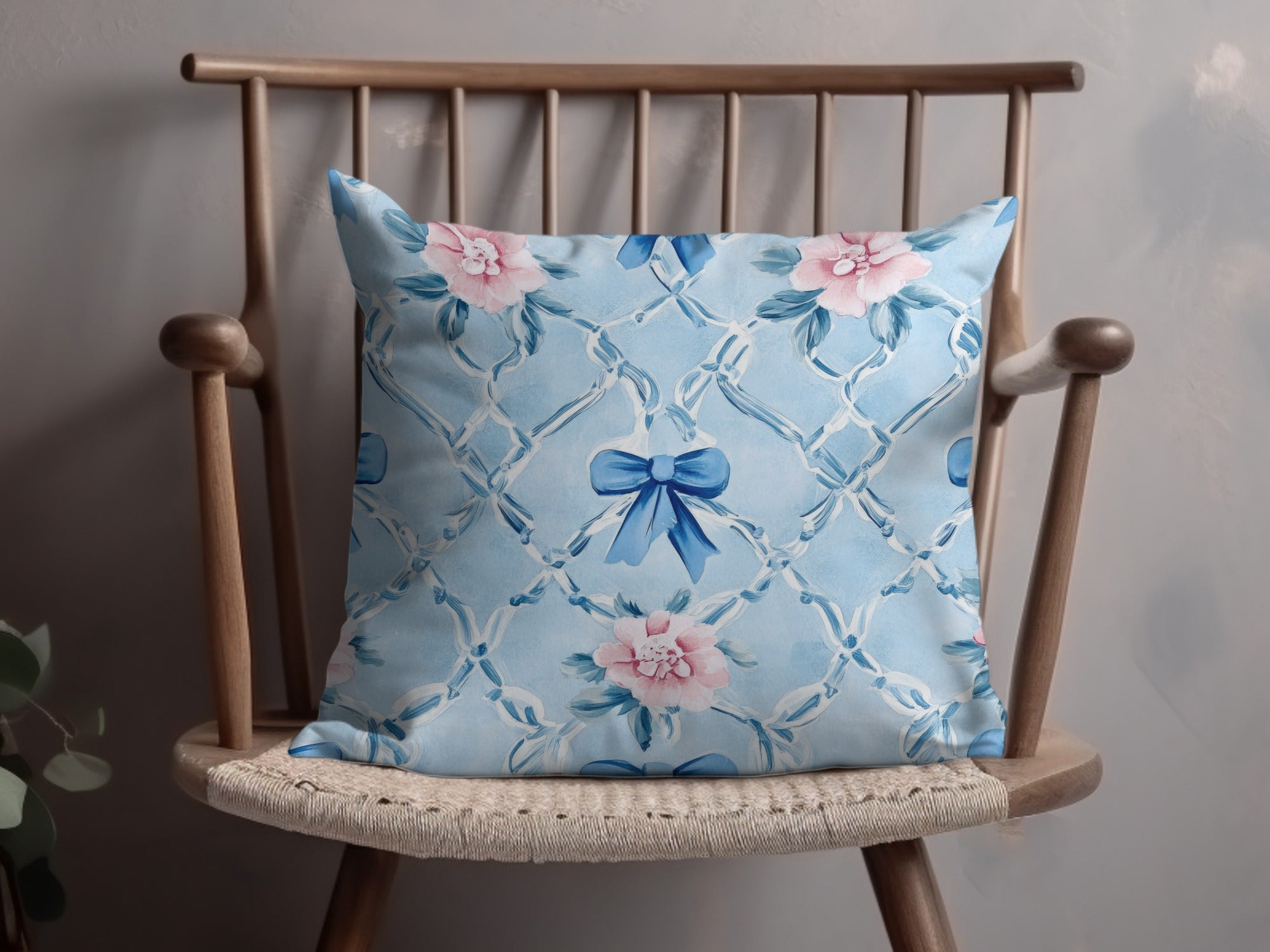 Trellis Floral Watercolor Bows Light Blue Seamless Grandmillennial Digital - Moore and Mountain