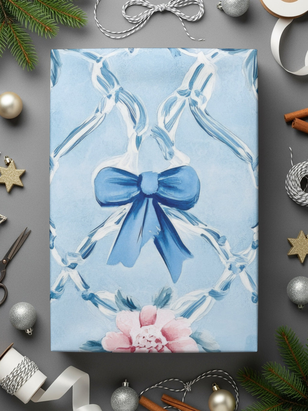 Trellis Floral Watercolor Bows Light Blue Seamless Grandmillennial Digital - Moore and Mountain