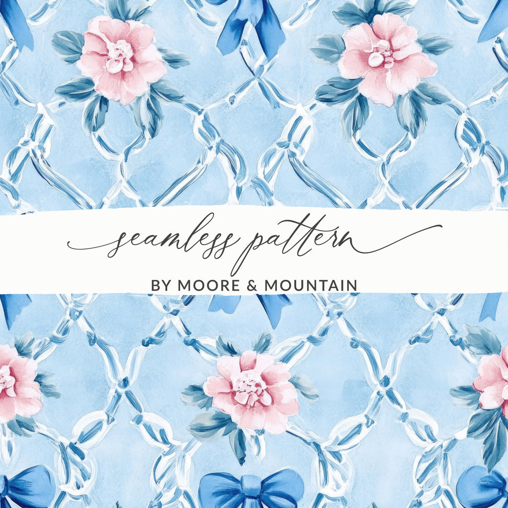 Trellis Floral Watercolor Bows Light Blue Seamless Grandmillennial Digital - Moore and Mountain