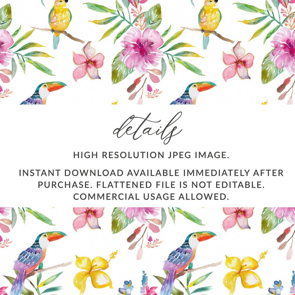 Tropical Birds Seamless Pattern Digital Paper, Watercolor Floral Digital Pattern, Hibiscus Flower, Toucan Parrot Pattern, Summer Design - Moore and Mountain