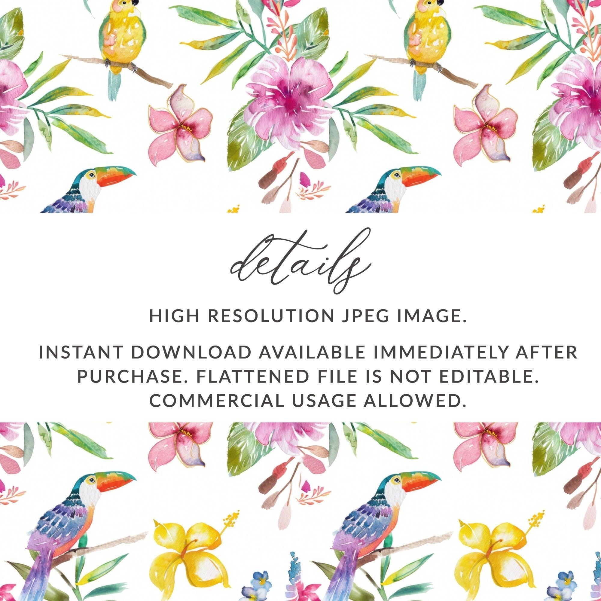 Tropical Birds Seamless Pattern Digital Paper, Watercolor Floral Digital Pattern, Hibiscus Flower, Toucan Parrot Pattern, Summer Design - Moore and Mountain